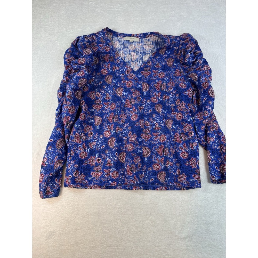 Loft Long Sleeve Blue Garden Shirred Puff Sleeve Top Womens XXL Polyester